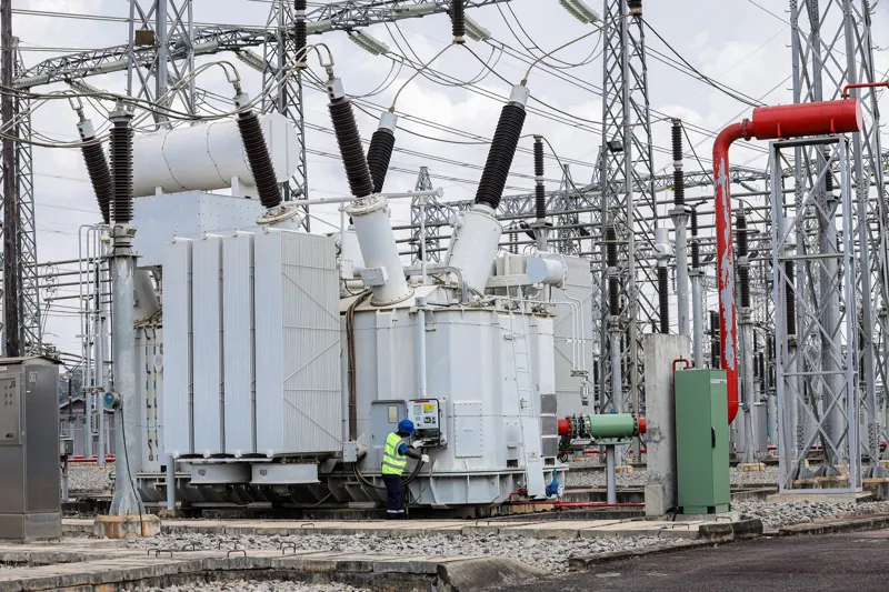 A transformer at a high-voltage substation in Kampala, Uganda