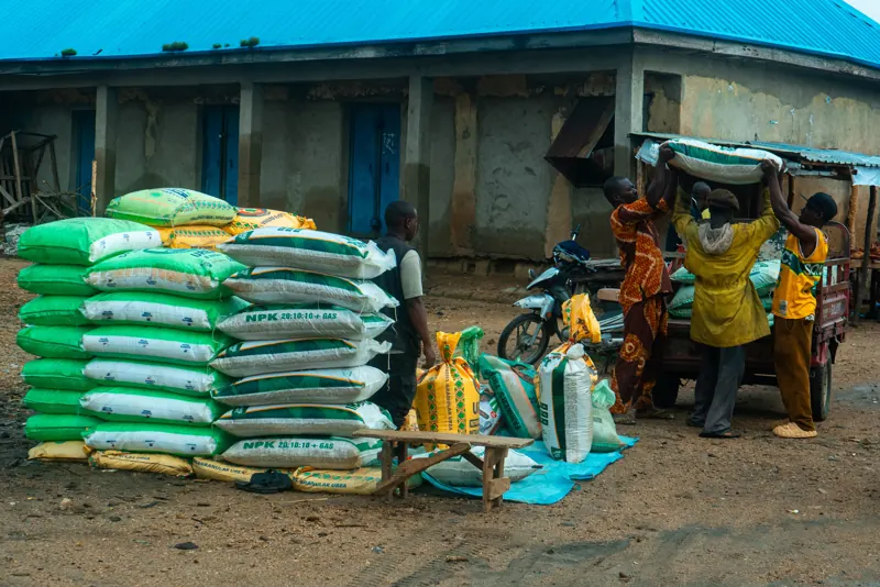 Workers offloading bags of NPK fertiliser