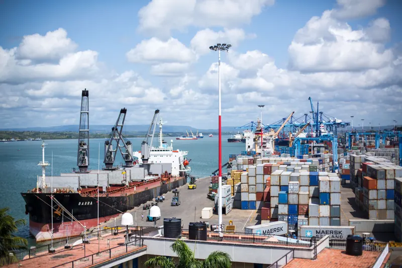 Ships and container stacks at the Port of Mombasa, Kenya